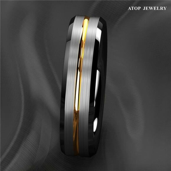 Mens Wedding Band 6mm Silver Brushed Black Edge Gold Line - Rings - Picture 3 of 5